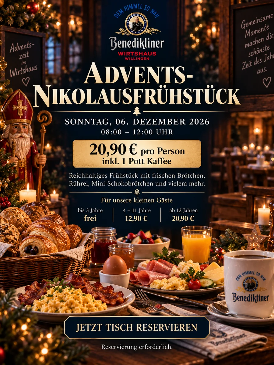 Advents-Nikolausfrühstück, Sonntag 6. Dezember 2026, 08:00 bis 12:00 Uhr
