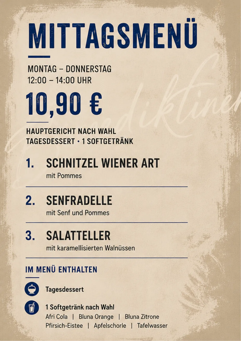 Mittagsmenü: Schnitzel Wiener Art, Senfradelle, Salatteller