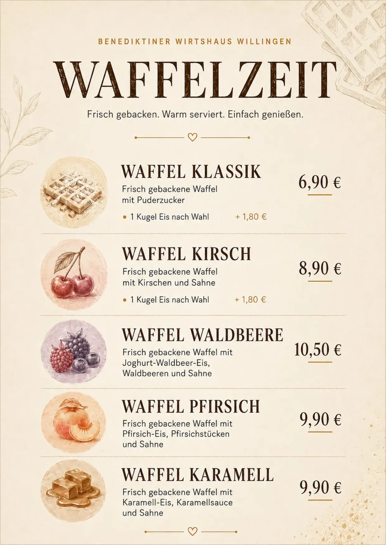 Waffelkarte: Waffel Klassik, Kirsch, Waldbeere, Pfirsich und Karamell mit Preisen